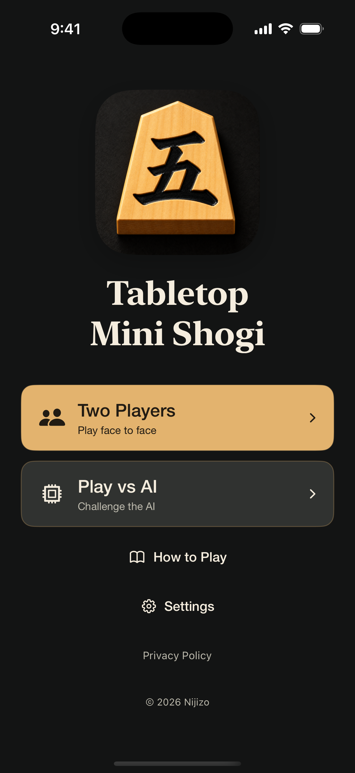 Tabletop Mini Shogi menu